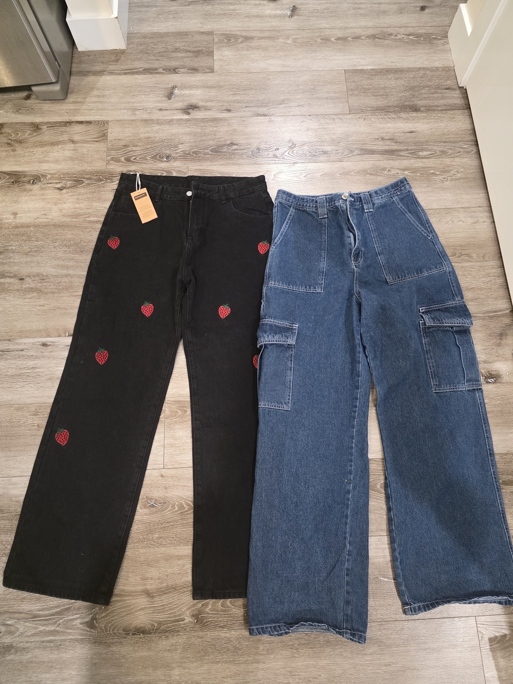 Embroidered Strawberry Black Jeans & Wide-Leg Blue Cargo Denim Duo